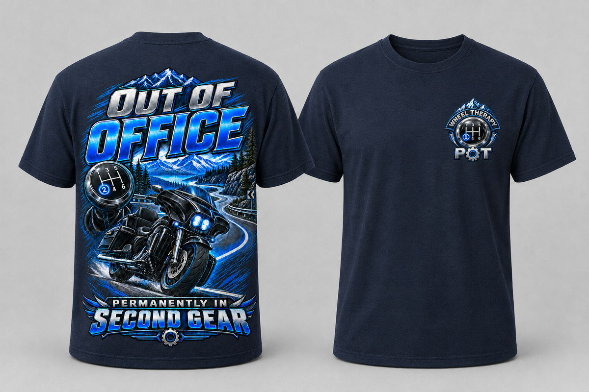 Out of Office" / "Second Gear Biker T-Shirt