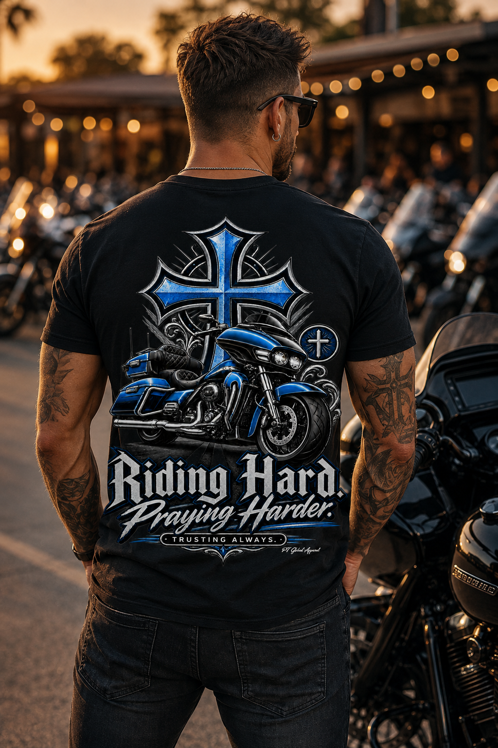 "Riding Hard. Praying Harder." Biker Bagger T-Shirt