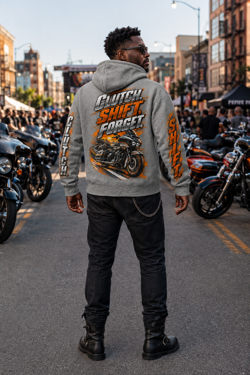 Clutch, Shift, Forget." Moto Hoodie