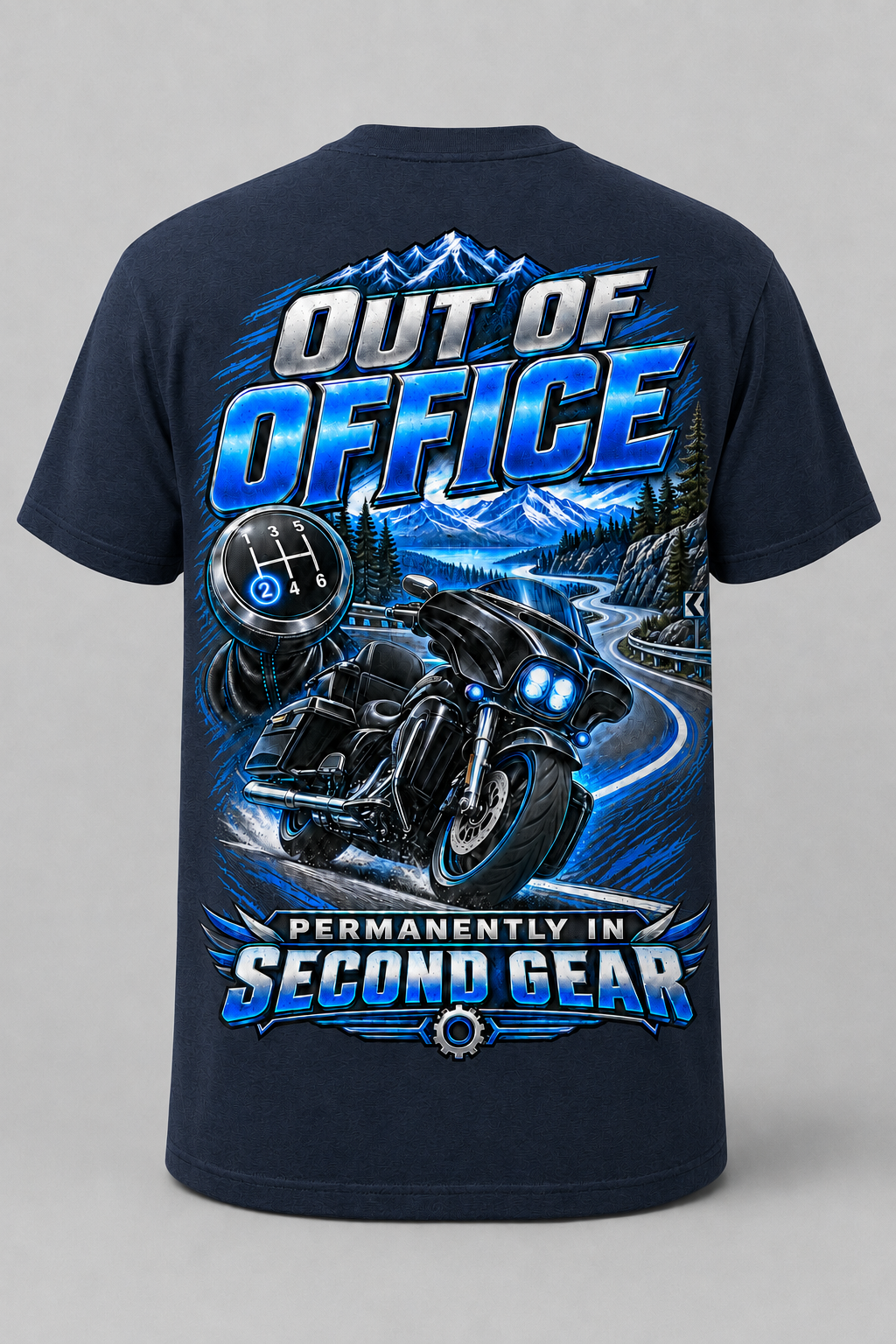 Out of Office" / "Second Gear Biker T-Shirt