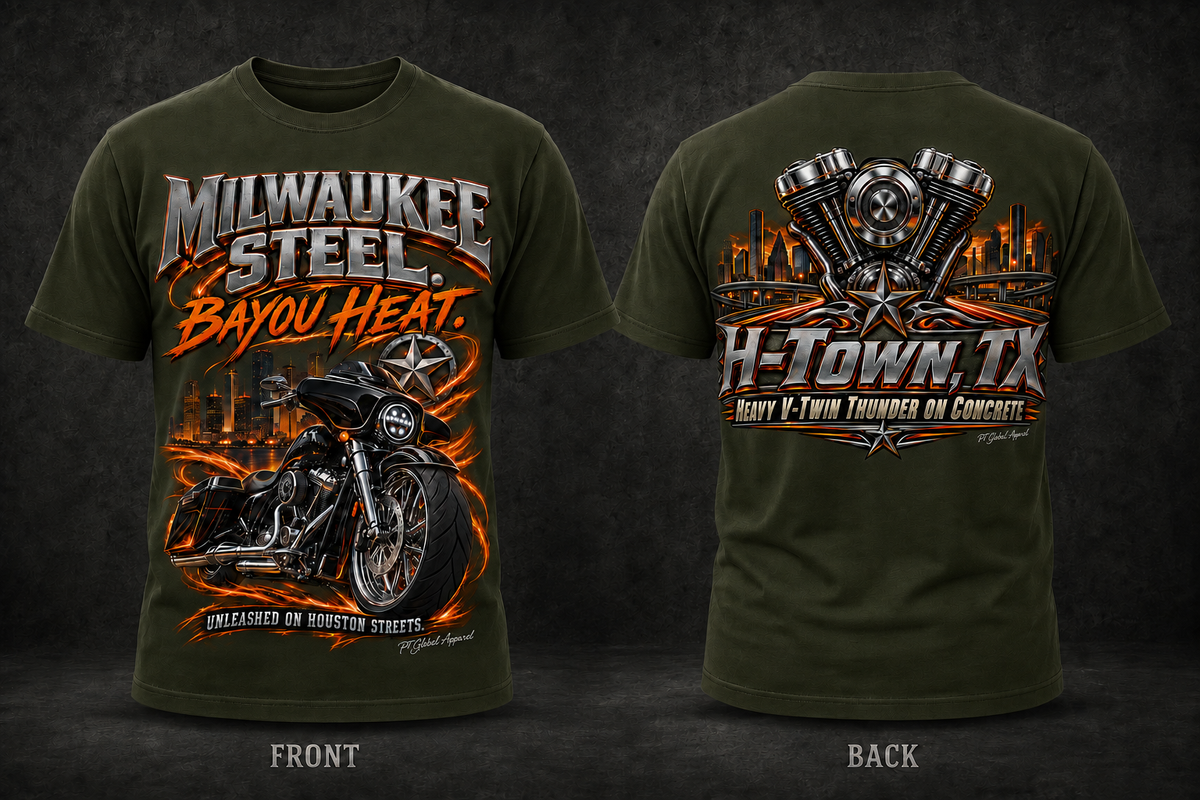 Milwaukee Steel. Bayou Heat." Houston Bagger Tee