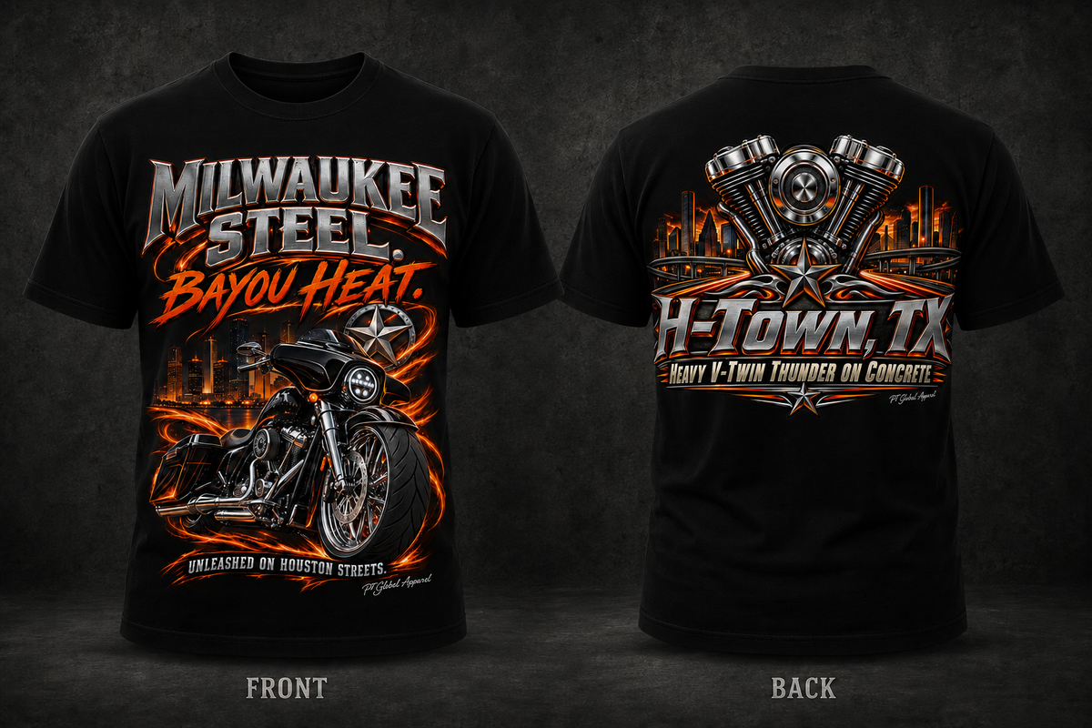 Milwaukee Steel. Bayou Heat." Houston Bagger Tee