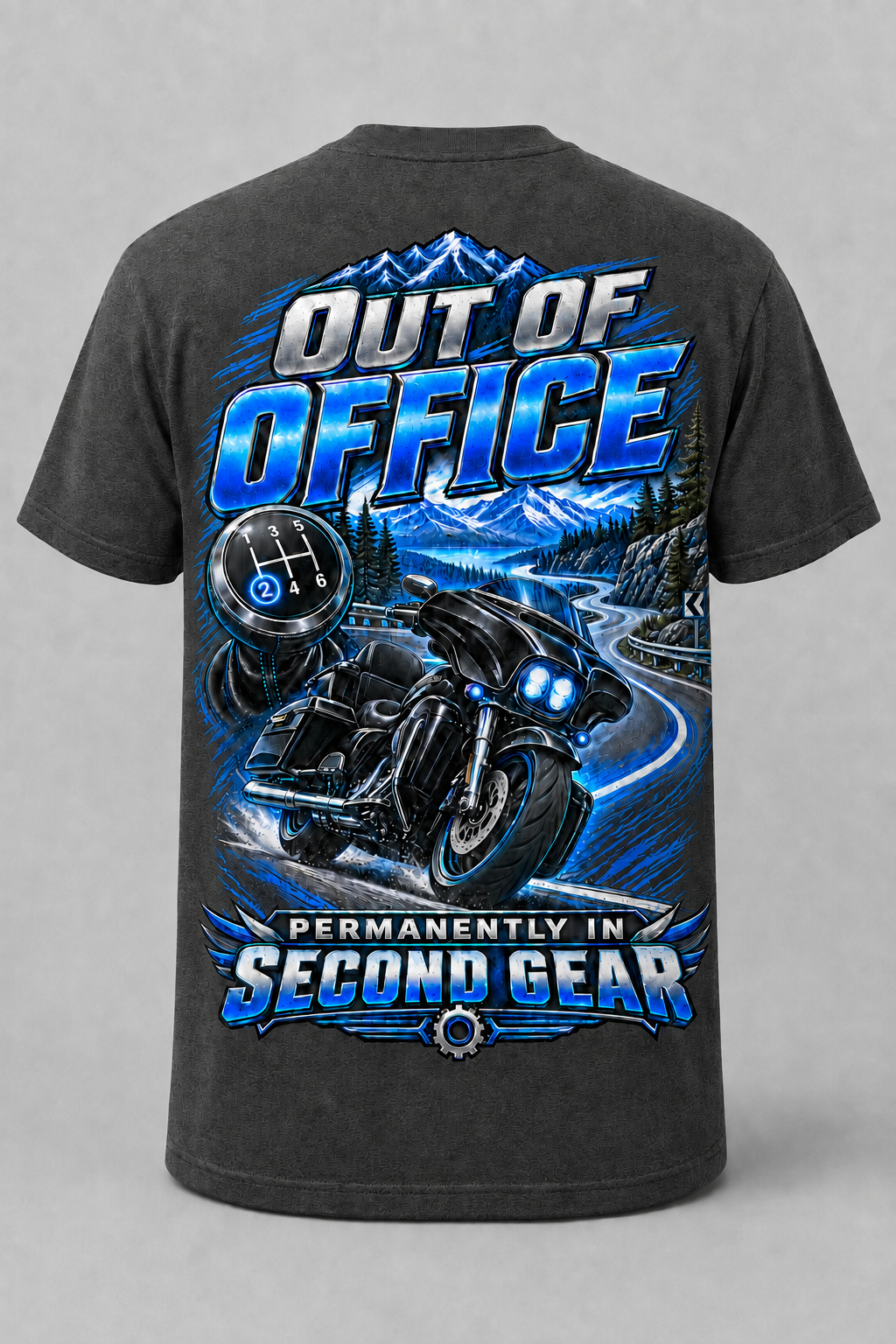 Out of Office" / "Second Gear Biker T-Shirt