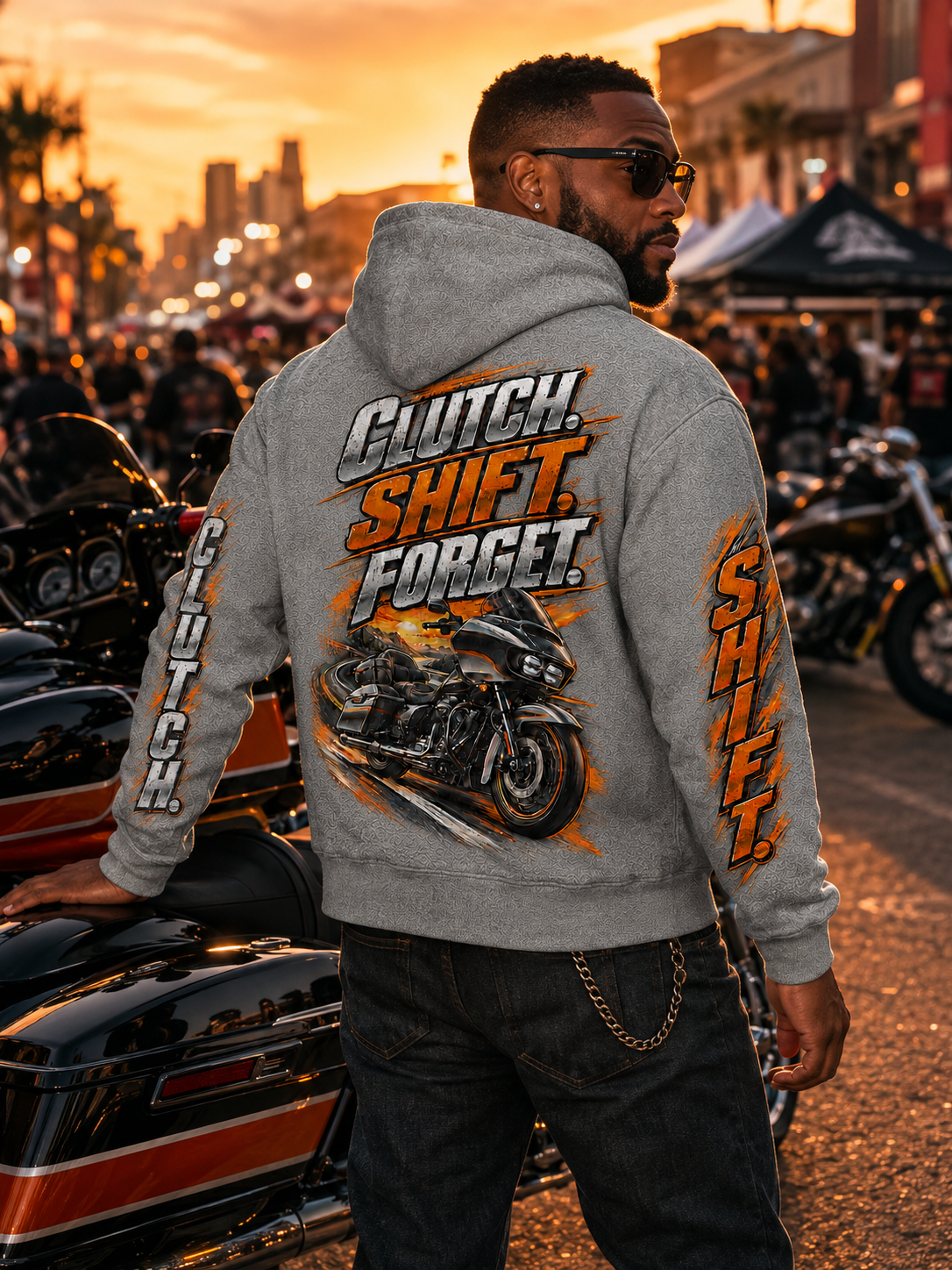 Clutch, Shift, Forget." Moto Hoodie