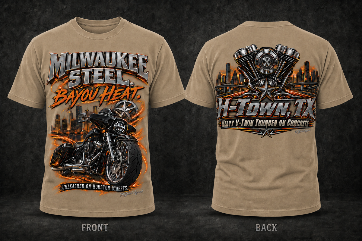 Milwaukee Steel. Bayou Heat." Houston Bagger Tee