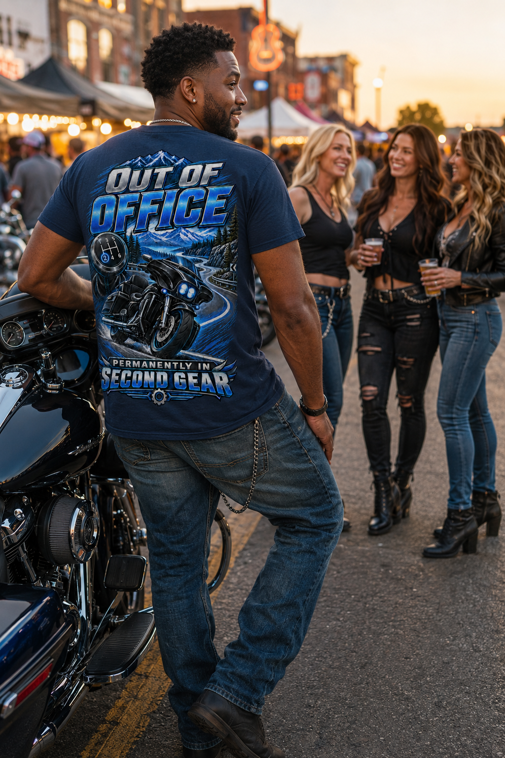 Out of Office" / "Second Gear Biker T-Shirt
